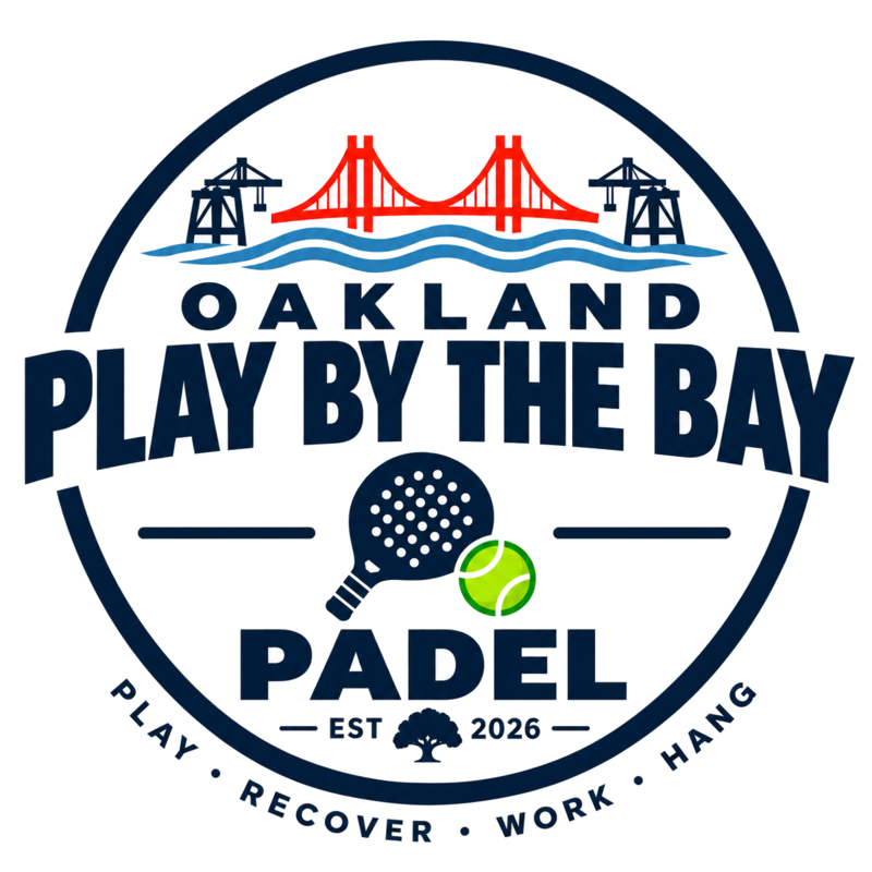Oakland Padel waterfront badge: Oakland, Play by the Bay, Padel, Est 2026, with a bridge, cranes, paddle and ball, and Play · Recover · Work · Hang