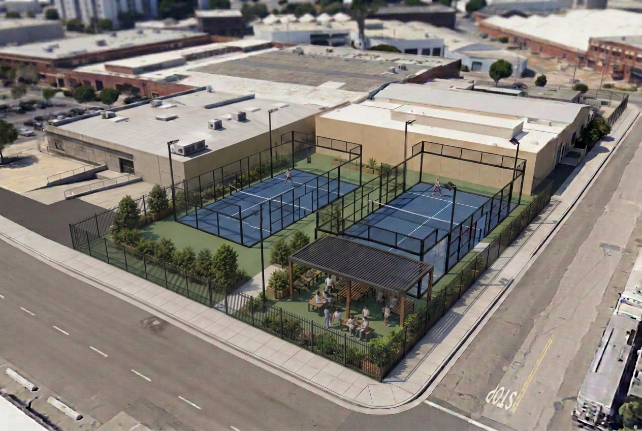 Concept rendering of two identical outdoor padel courts with seating and planters inside the fenced Dennison Street lot
