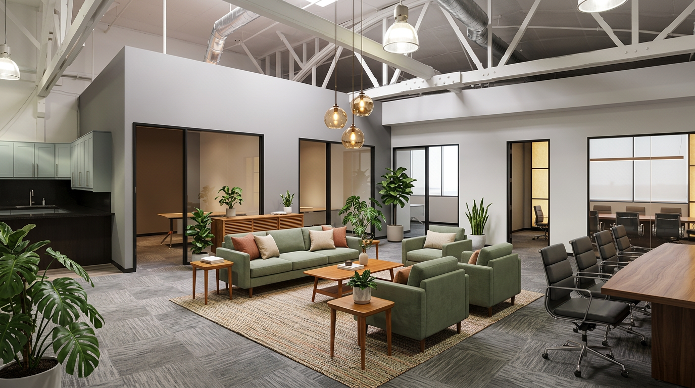 Interior concept of our indoor space with a lounge seating area, glass-fronted rooms and a boardroom table