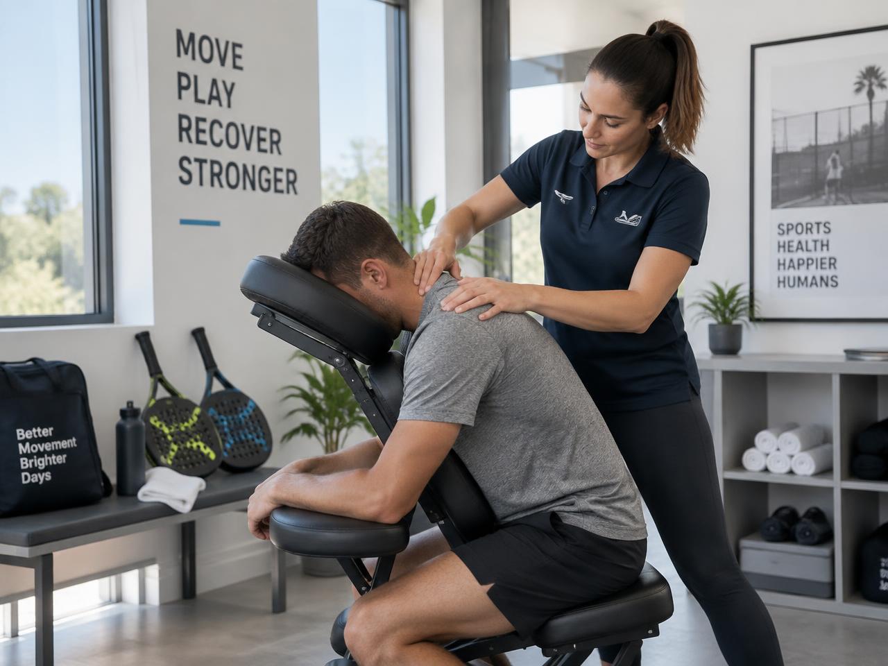 Athlete in workout clothes receiving a seated shoulder massage in an ergonomic massage chair